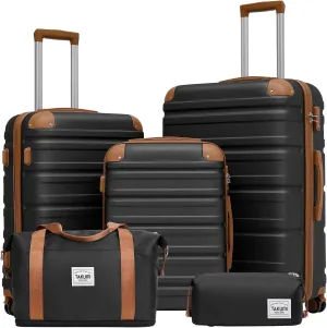 TAKUMI Luggage Set 5 Piece with Duffel Bag ABS Hardshell Suitcase Set with Double Spinner Wheels Travel Lugagge with TSA Lock Lightweight Carry On Suitcase (BLACK BROWN, 5 PIECE SET)