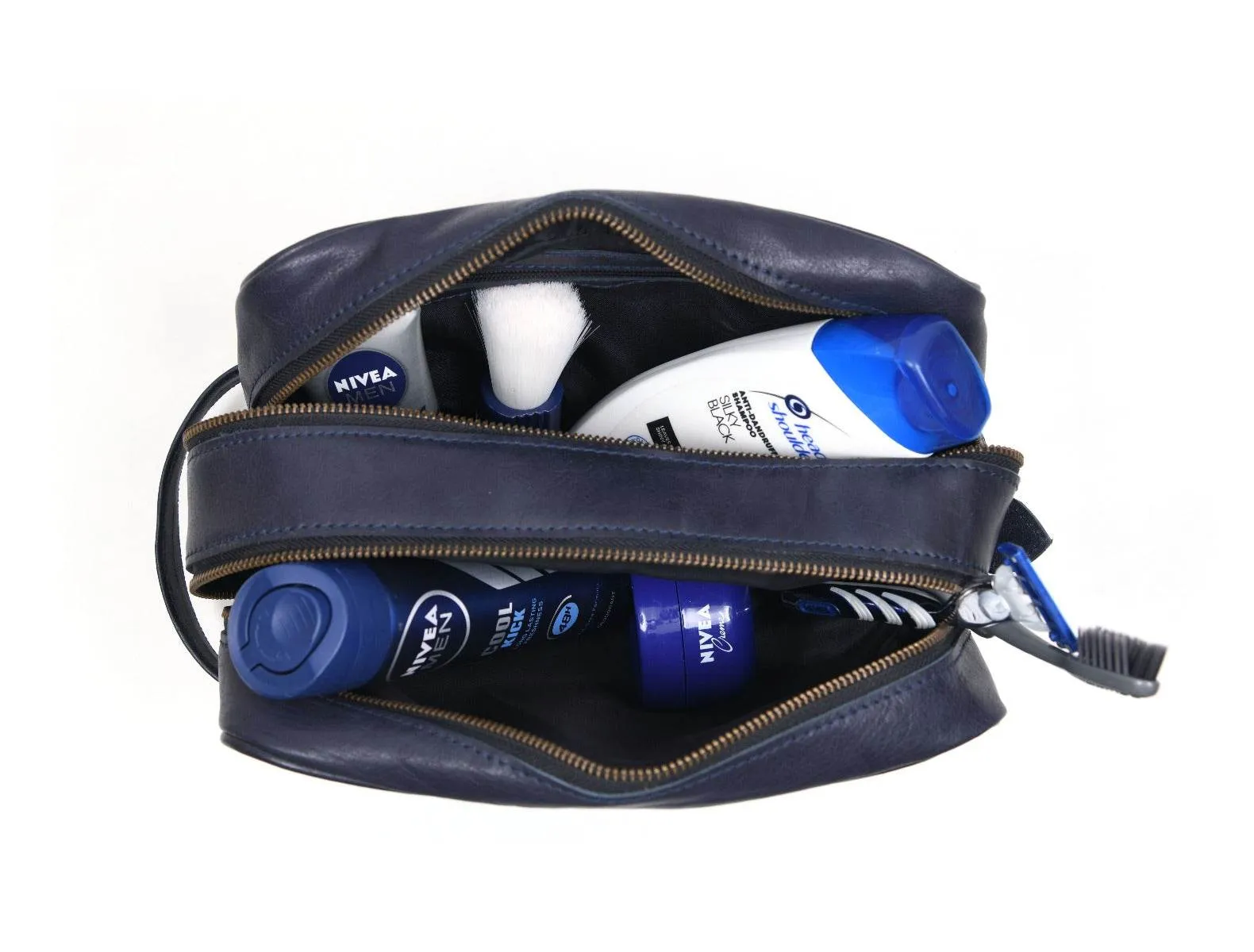 Tampa Leather Toiletry Bag - Navy Blue