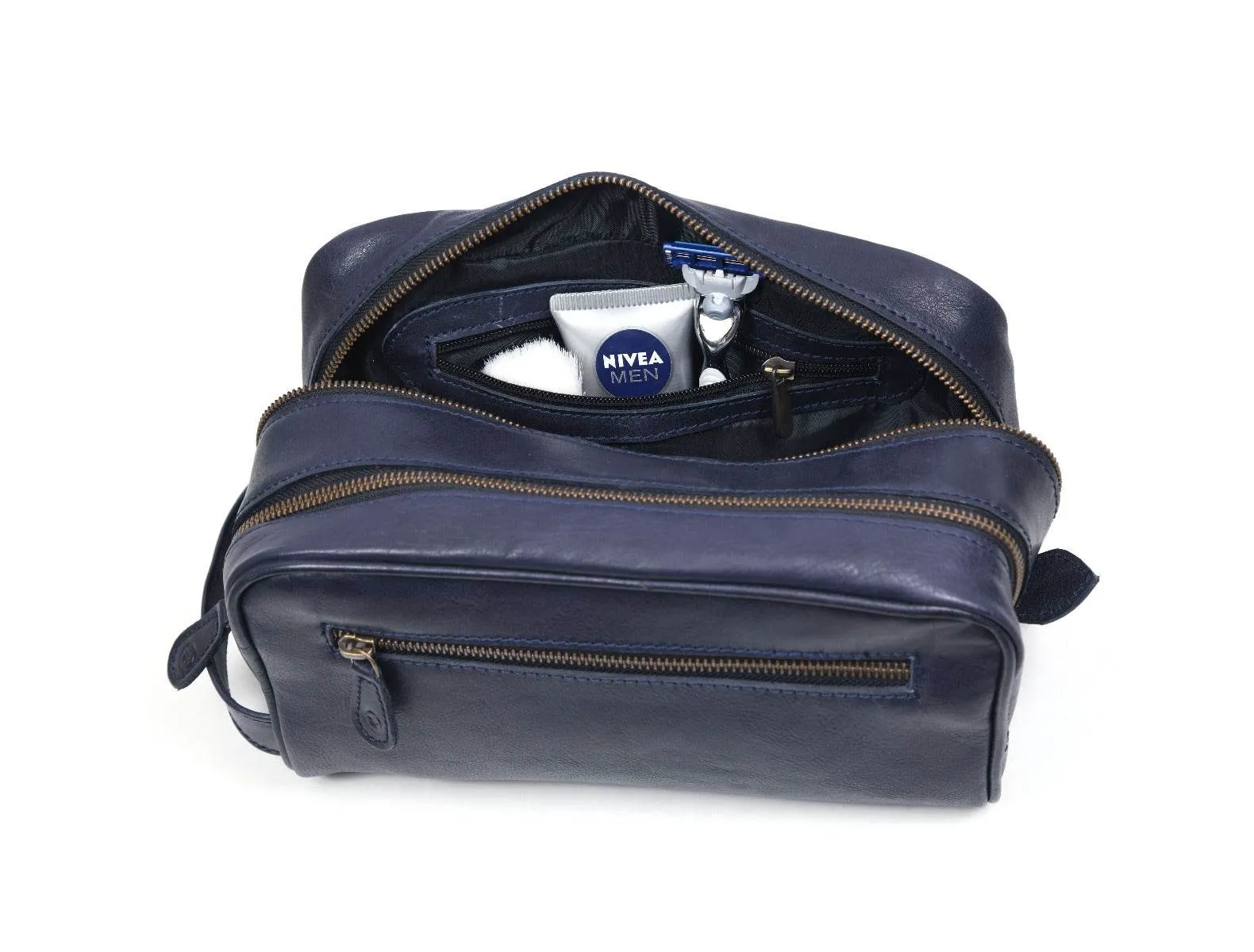 Tampa Leather Toiletry Bag - Navy Blue