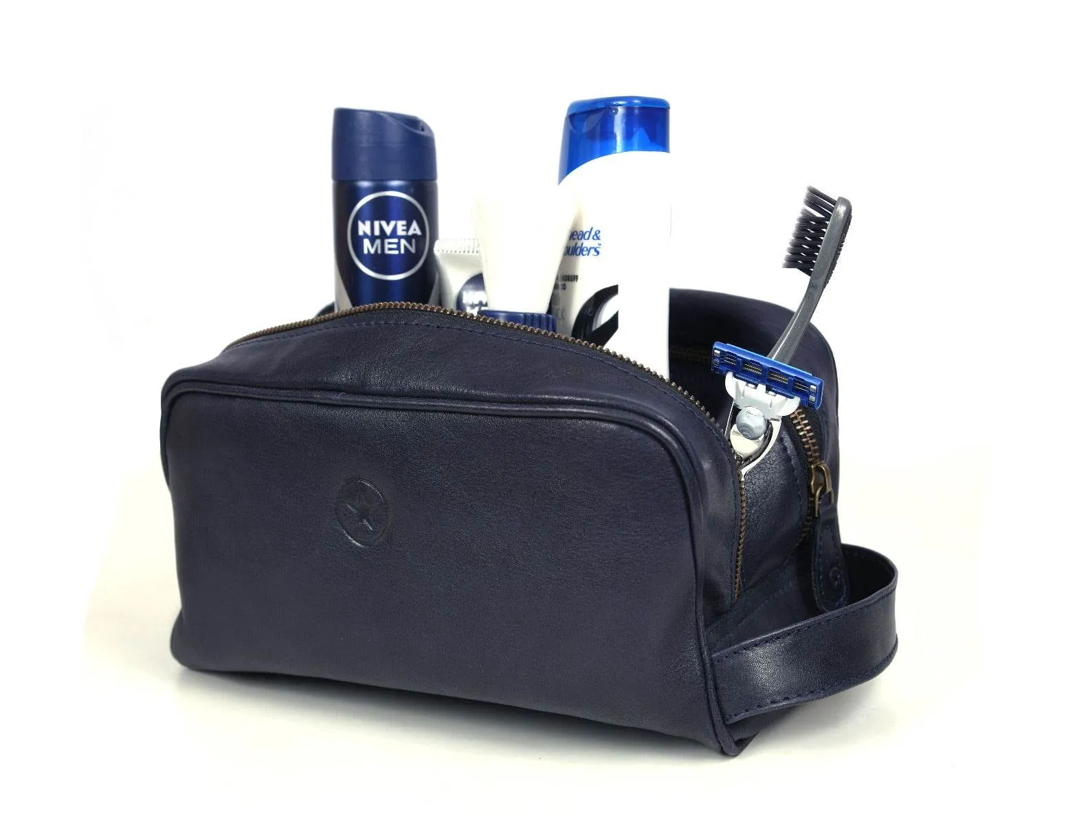 Tampa Leather Toiletry Bag - Navy Blue