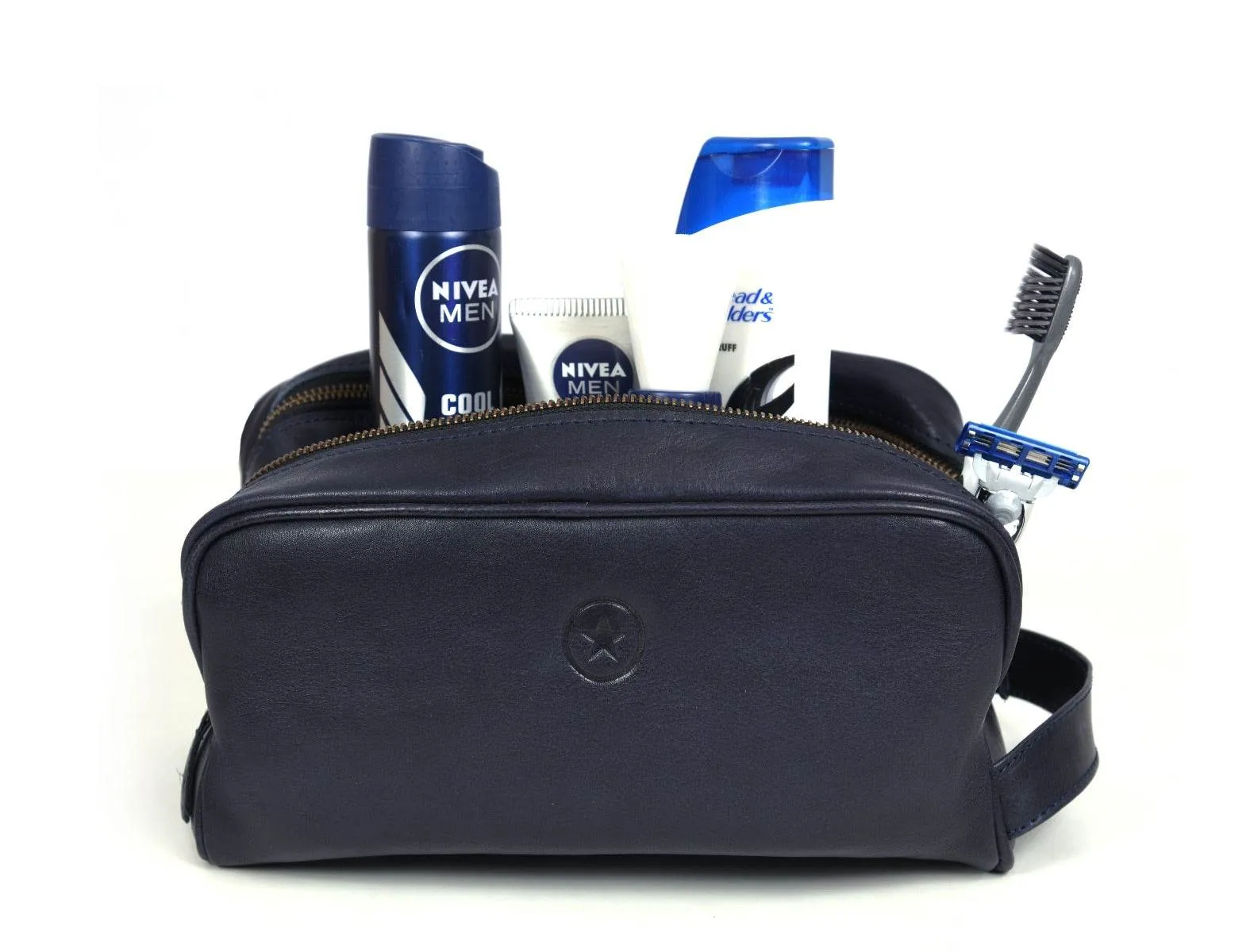 Tampa Leather Toiletry Bag - Navy Blue