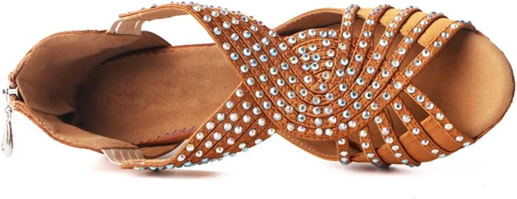 TDA Womens Zipper & Slip-on Flared Heel Glitter Crystals Latin Modern Salsa Tango Ballroom Wedding Dance Shoes
