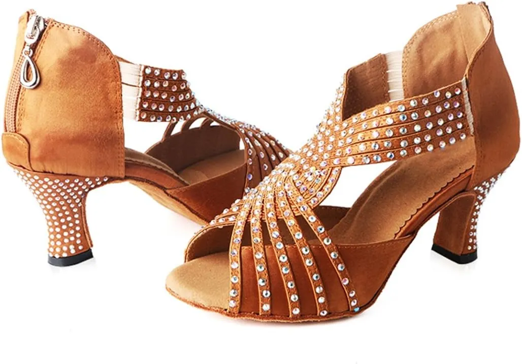 TDA Womens Zipper & Slip-on Flared Heel Glitter Crystals Latin Modern Salsa Tango Ballroom Wedding Dance Shoes