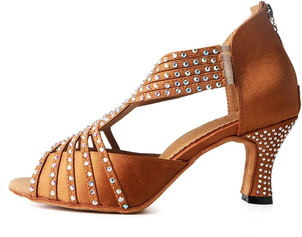 TDA Womens Zipper & Slip-on Flared Heel Glitter Crystals Latin Modern Salsa Tango Ballroom Wedding Dance Shoes