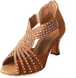TDA Womens Zipper & Slip-on Flared Heel Glitter Crystals Latin Modern Salsa Tango Ballroom Wedding Dance Shoes