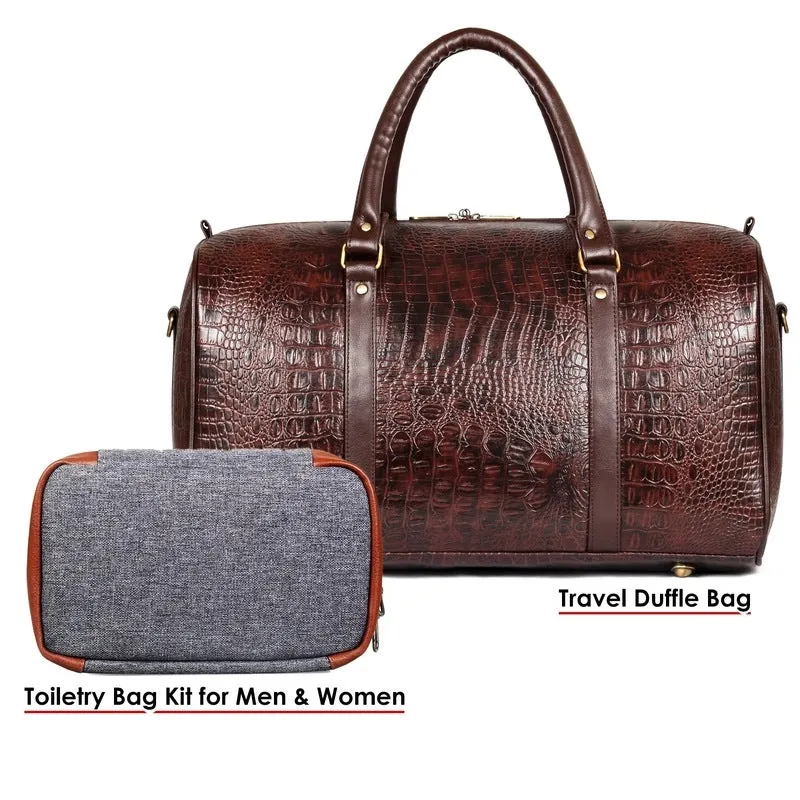 THE CLOWNFISH Unisex Crocodila 27 Ltr Travel Duffel Bag (Dark Brown) & Travel Toiletry Pouch Bag (Grey)