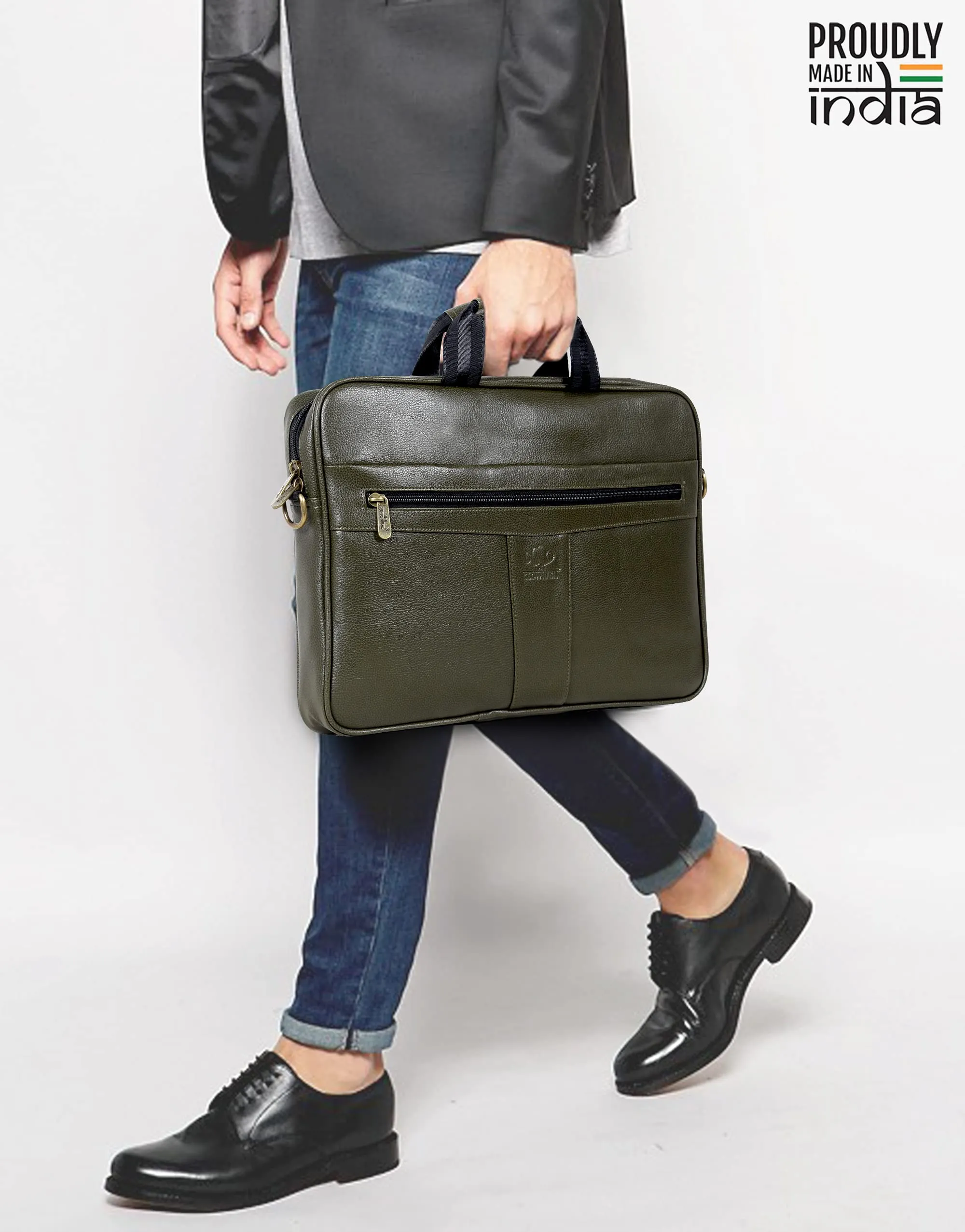 THE CLOWNFISH Unisex Icon Faux Leather 14 Inch Laptop Messenger Bag Briefcase (Green)