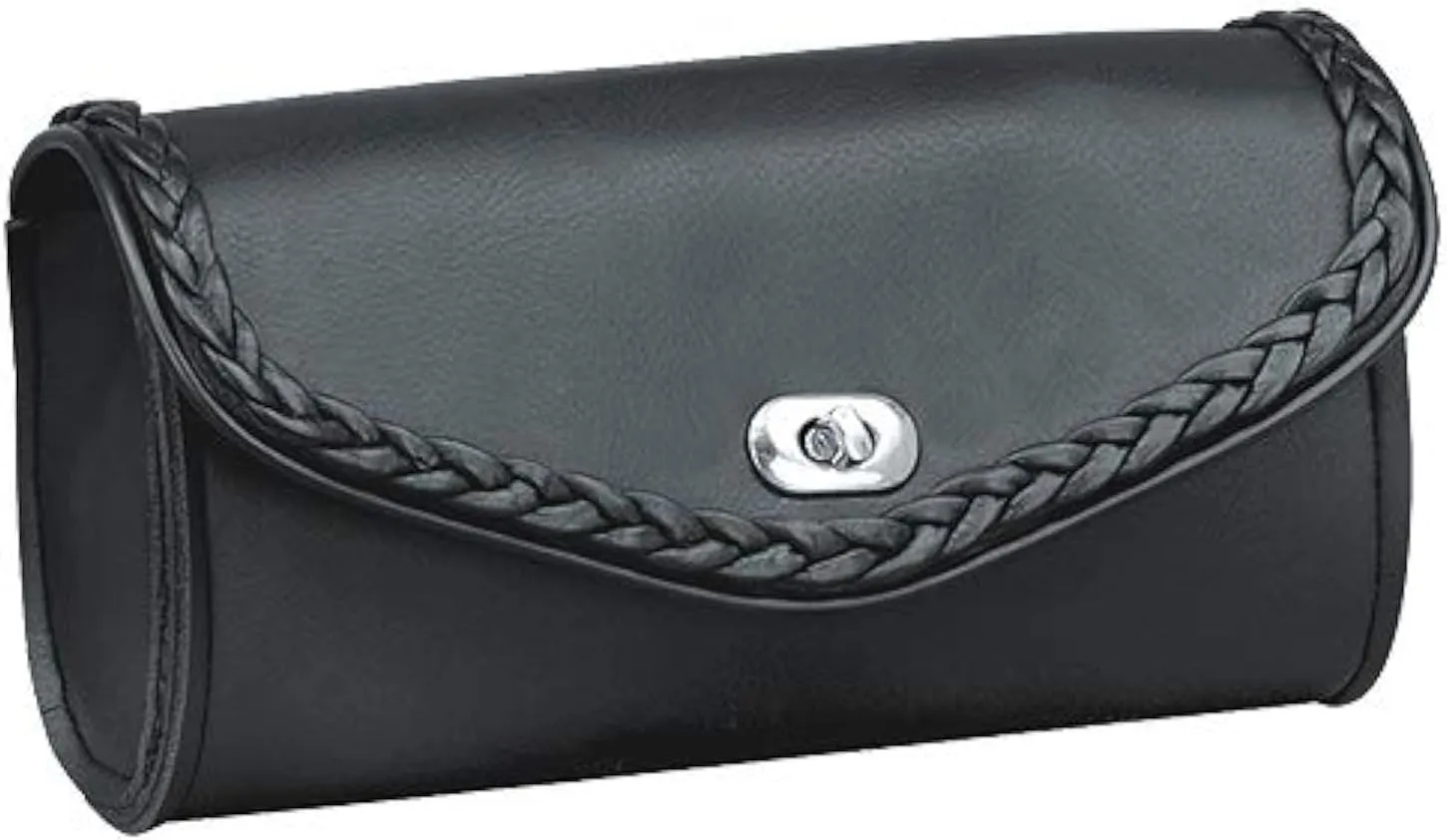 The Nekid Cow Motorcycle Windshield Bag with Braiding and Strong Closure - Classic Black Premium PVC Synthetic Leather - 10" Reinforced (Twist Lock)