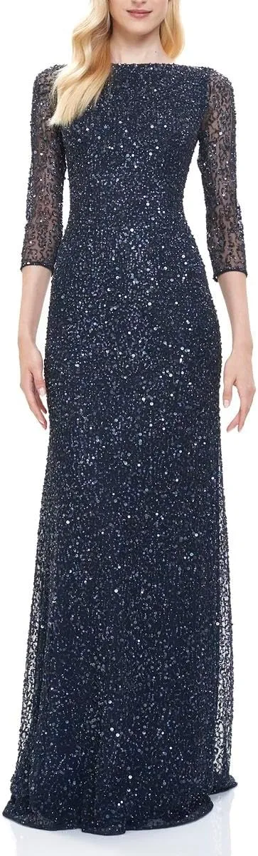 THEIA Womens Sequined Long Evening Dress Navy 16