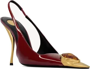 THESHY Womens Slingback High Heels Metal Pointed Toe Stiletto Heels Gems Embellished Stretch Slingback Pumps Patent Leather Fashion Party Dress Shoes for Women