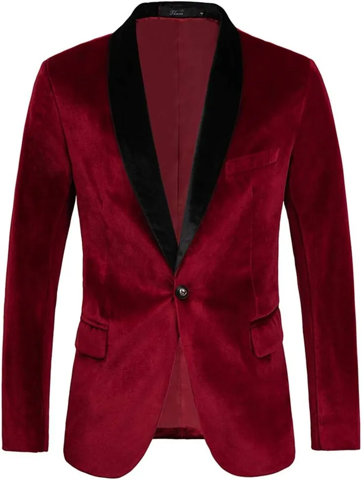 THWEI Mens Velvet Blazer Slim-Fit Solid Color One Button Blazer Sport Coat Jacket for Wedding Dinner Party