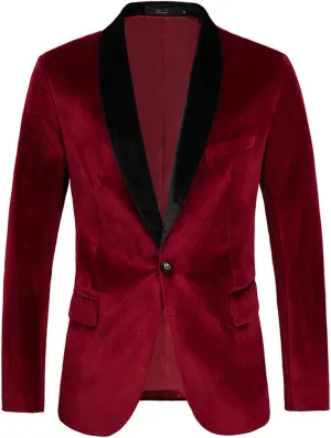 THWEI Mens Velvet Blazer Slim-Fit Solid Color One Button Blazer Sport Coat Jacket for Wedding Dinner Party