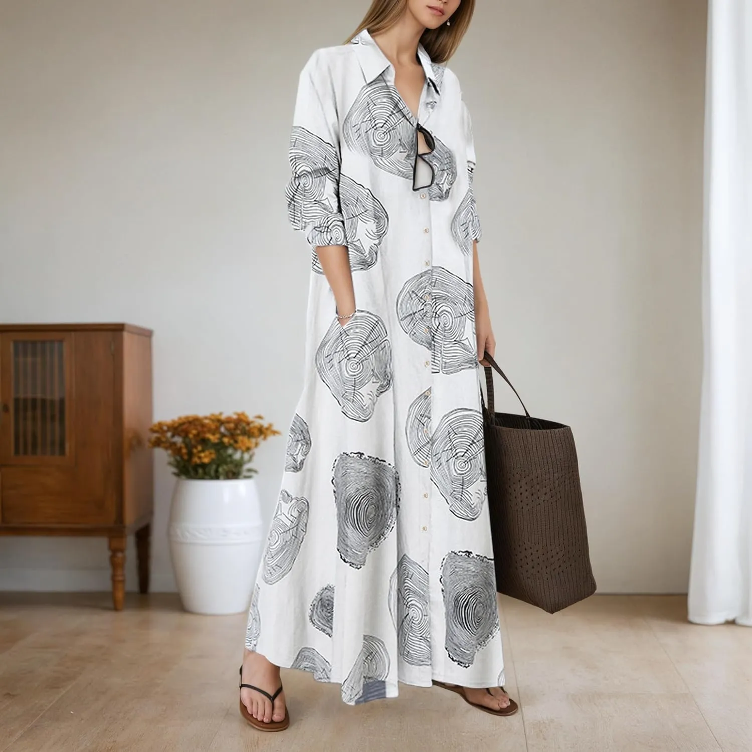 TIAFORD Women's Casual Button Down Cotton Linen Maxi Dress Long Sleeve Lapel Loose Plus Size Shirt Dresses with 2 Pockets