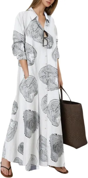TIAFORD Women's Casual Button Down Cotton Linen Maxi Dress Long Sleeve Lapel Loose Plus Size Shirt Dresses with 2 Pockets
