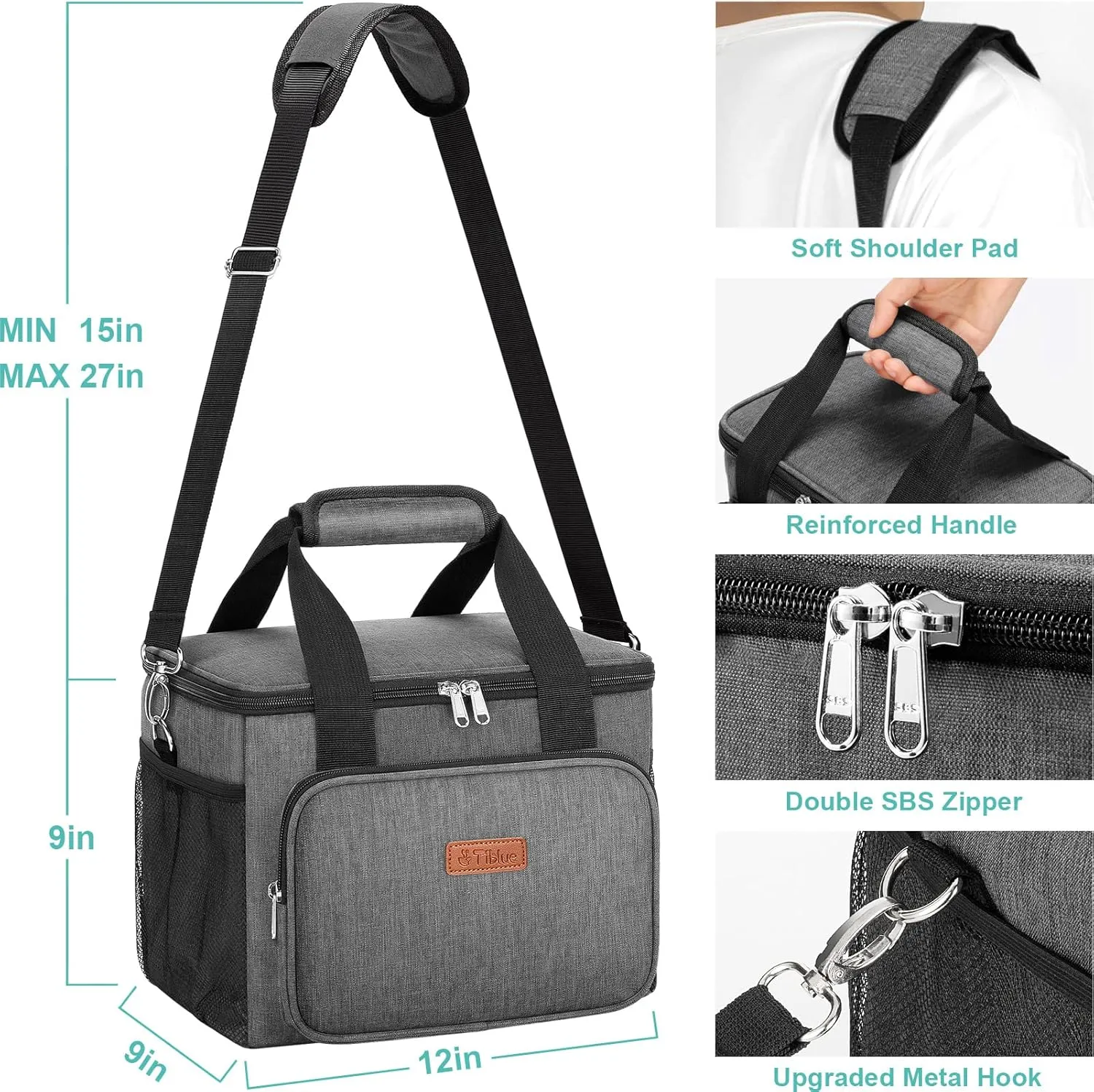 Tiblue Insulated Lunch Bag for Women/Men, Reusable Lunch Box for Office Work School Picnic Beach, Leakproof Freezable Cooler Bag with Adjustable Shoulder Strap for Kids/Adult(Large, Charcoal Grey)