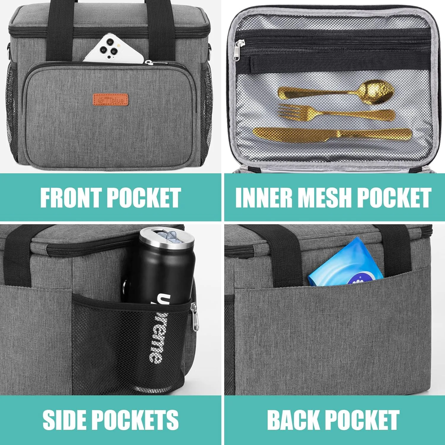 Tiblue Insulated Lunch Bag for Women/Men, Reusable Lunch Box for Office Work School Picnic Beach, Leakproof Freezable Cooler Bag with Adjustable Shoulder Strap for Kids/Adult(Large, Charcoal Grey)