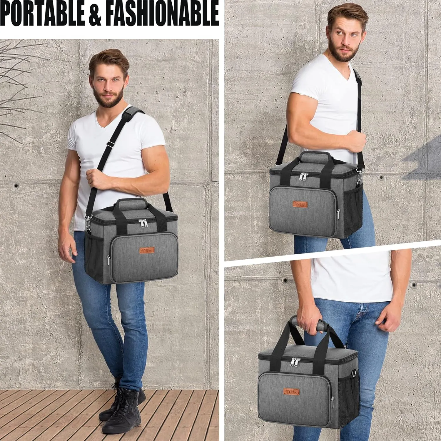 Tiblue Insulated Lunch Bag for Women/Men, Reusable Lunch Box for Office Work School Picnic Beach, Leakproof Freezable Cooler Bag with Adjustable Shoulder Strap for Kids/Adult(Large, Charcoal Grey)