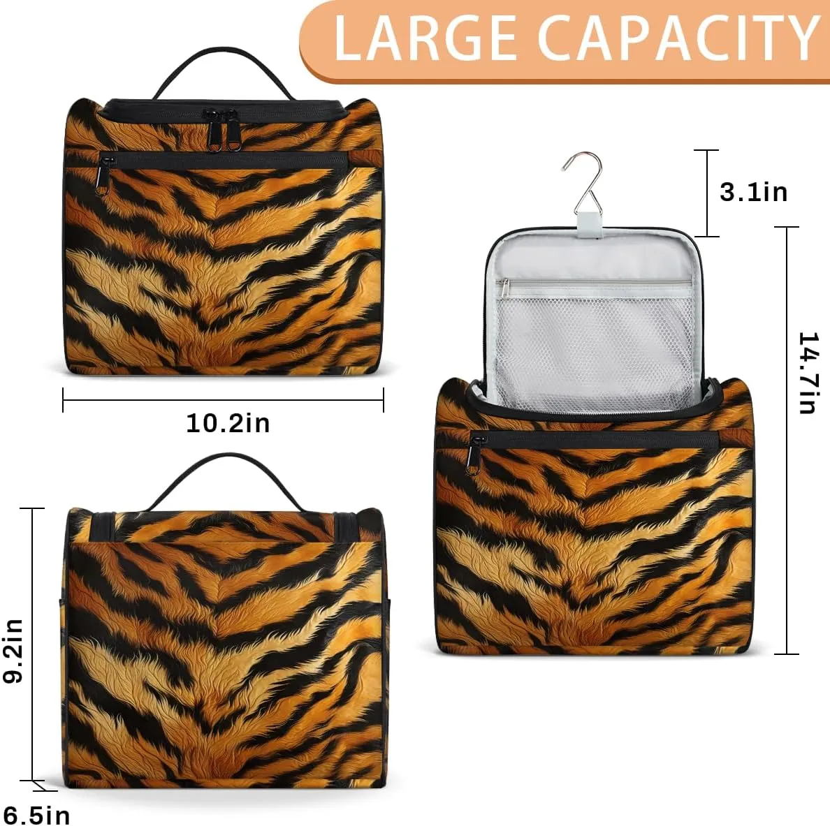 Tiger Print Travel Toiletry Bag for Men and Women, Large Hanging Makeup Bag Organizer Toiletries Bag for Travel, Cosmetic Bag with Handle