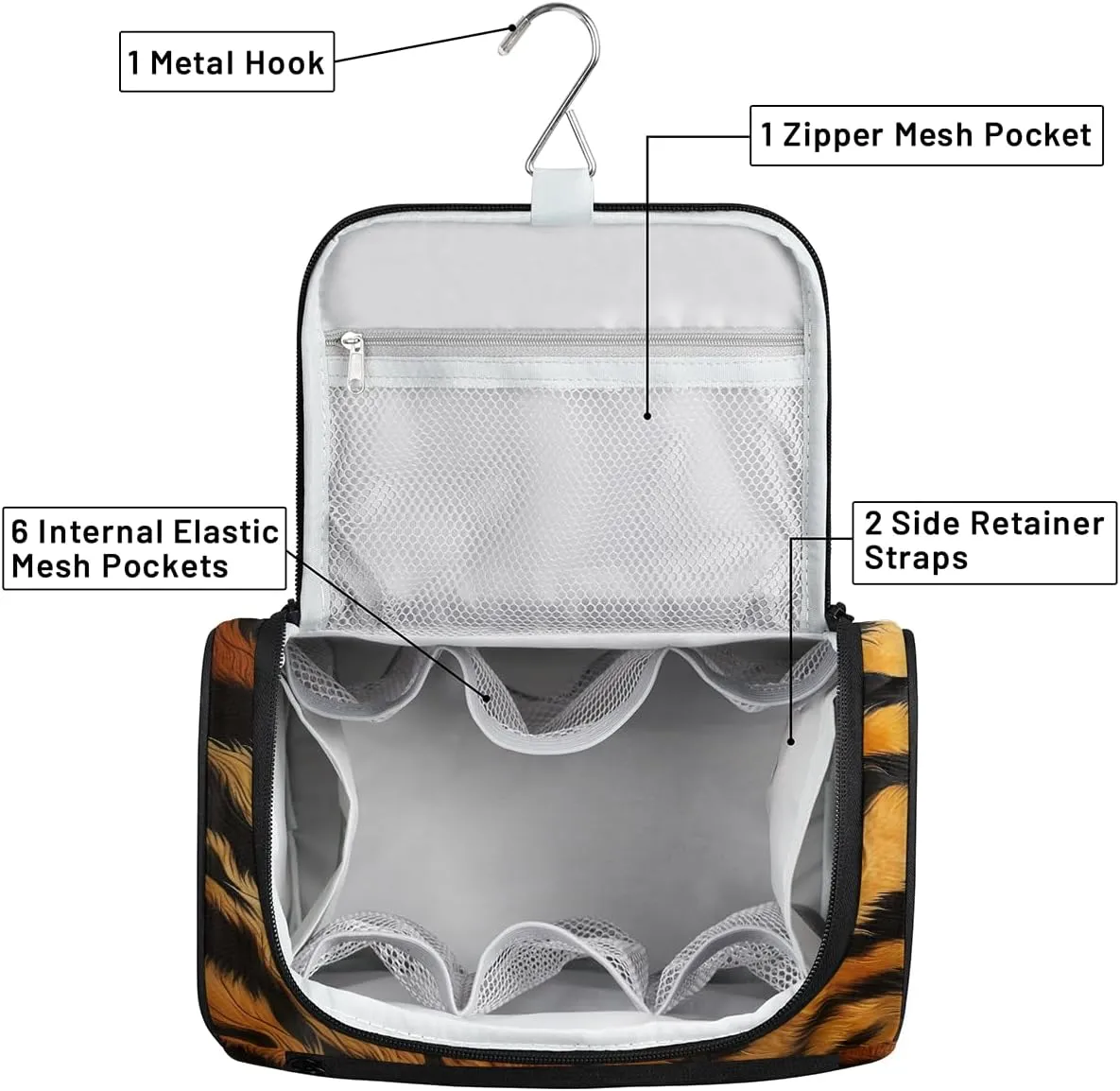 Tiger Print Travel Toiletry Bag for Men and Women, Large Hanging Makeup Bag Organizer Toiletries Bag for Travel, Cosmetic Bag with Handle