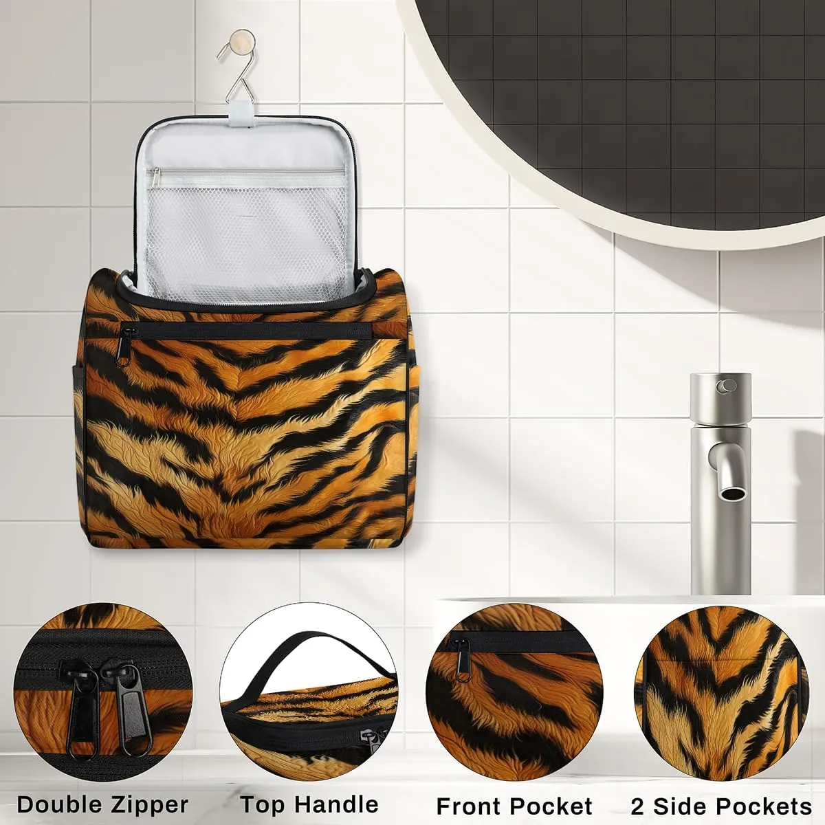 Tiger Print Travel Toiletry Bag for Men and Women, Large Hanging Makeup Bag Organizer Toiletries Bag for Travel, Cosmetic Bag with Handle
