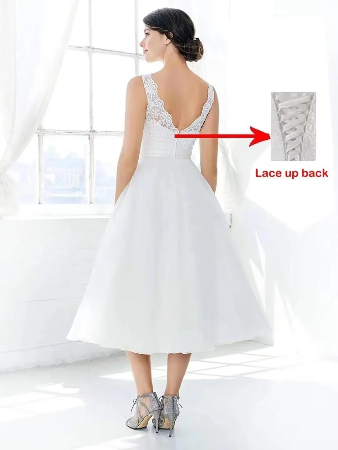 TIRAS Long Lace Sleeve Short Wedding Dresses for Bride V Neck Satin Tea Length Bridal Gowns for Women 2025 CM435