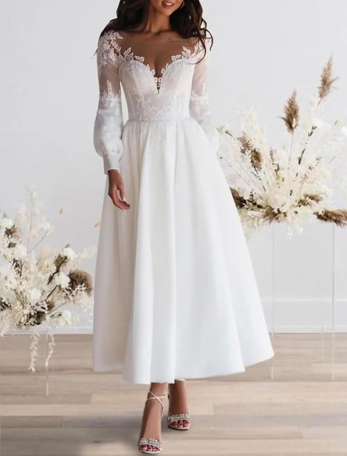 TIRAS Long Lace Sleeve Short Wedding Dresses for Bride V Neck Satin Tea Length Bridal Gowns for Women 2025 CM435