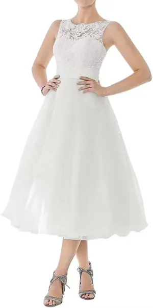 TIRAS Long Lace Sleeve Short Wedding Dresses for Bride V Neck Satin Tea Length Bridal Gowns for Women 2025 CM435