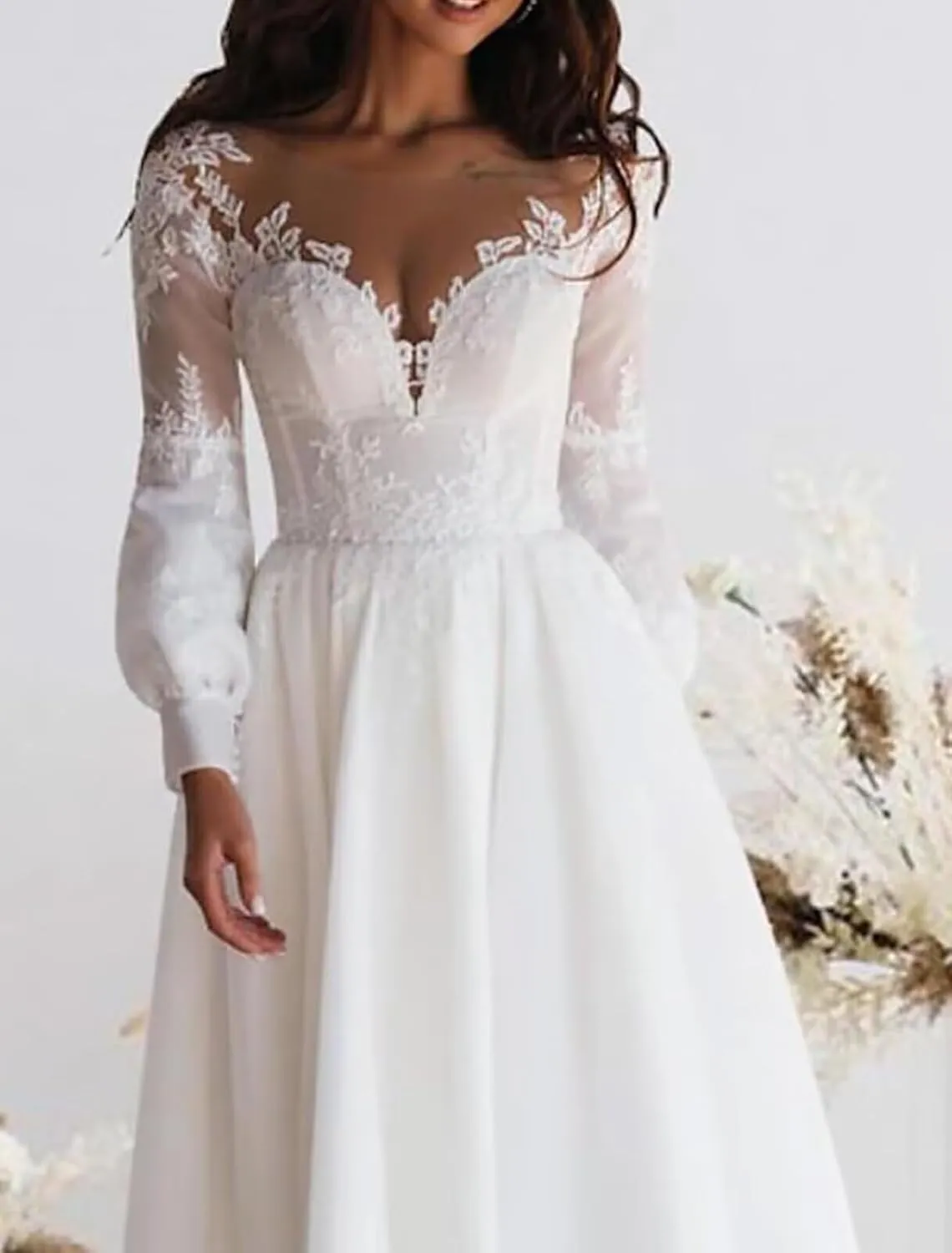 TIRAS Long Lace Sleeve Short Wedding Dresses for Bride V Neck Satin Tea Length Bridal Gowns for Women 2025 CM435
