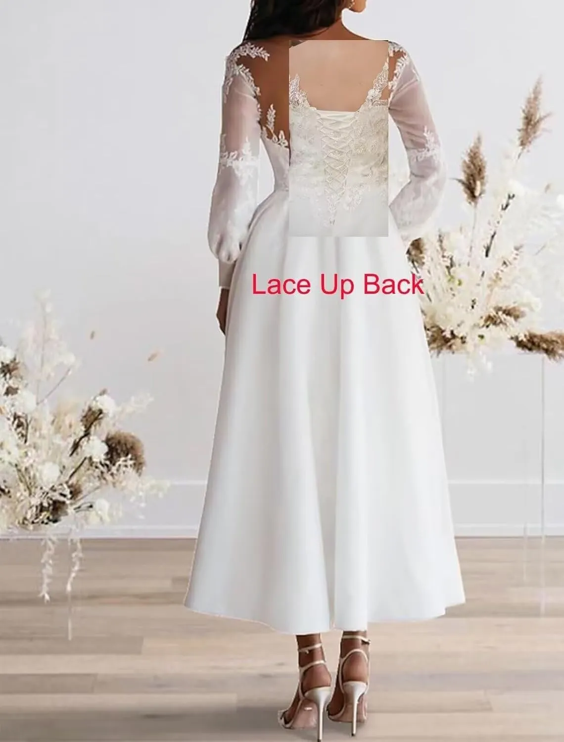 TIRAS Long Lace Sleeve Short Wedding Dresses for Bride V Neck Satin Tea Length Bridal Gowns for Women 2025 CM435