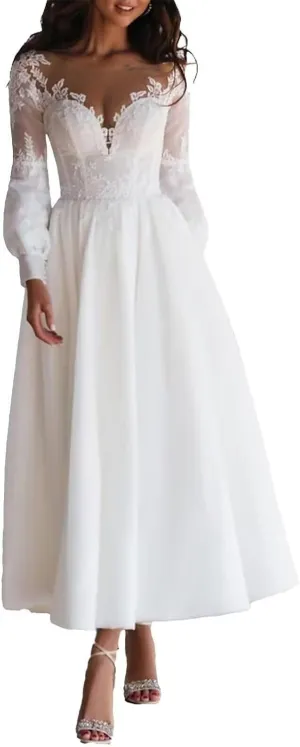 TIRAS Long Lace Sleeve Short Wedding Dresses for Bride V Neck Satin Tea Length Bridal Gowns for Women 2025 CM435