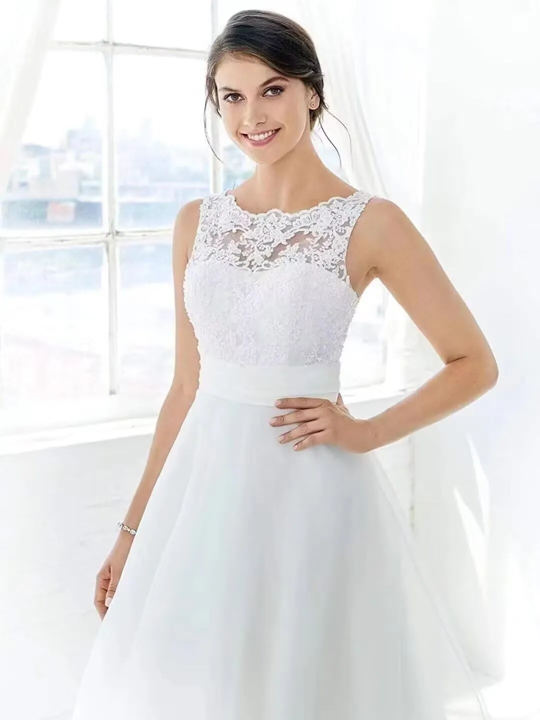 TIRAS Long Lace Sleeve Short Wedding Dresses for Bride V Neck Satin Tea Length Bridal Gowns for Women 2025 CM435