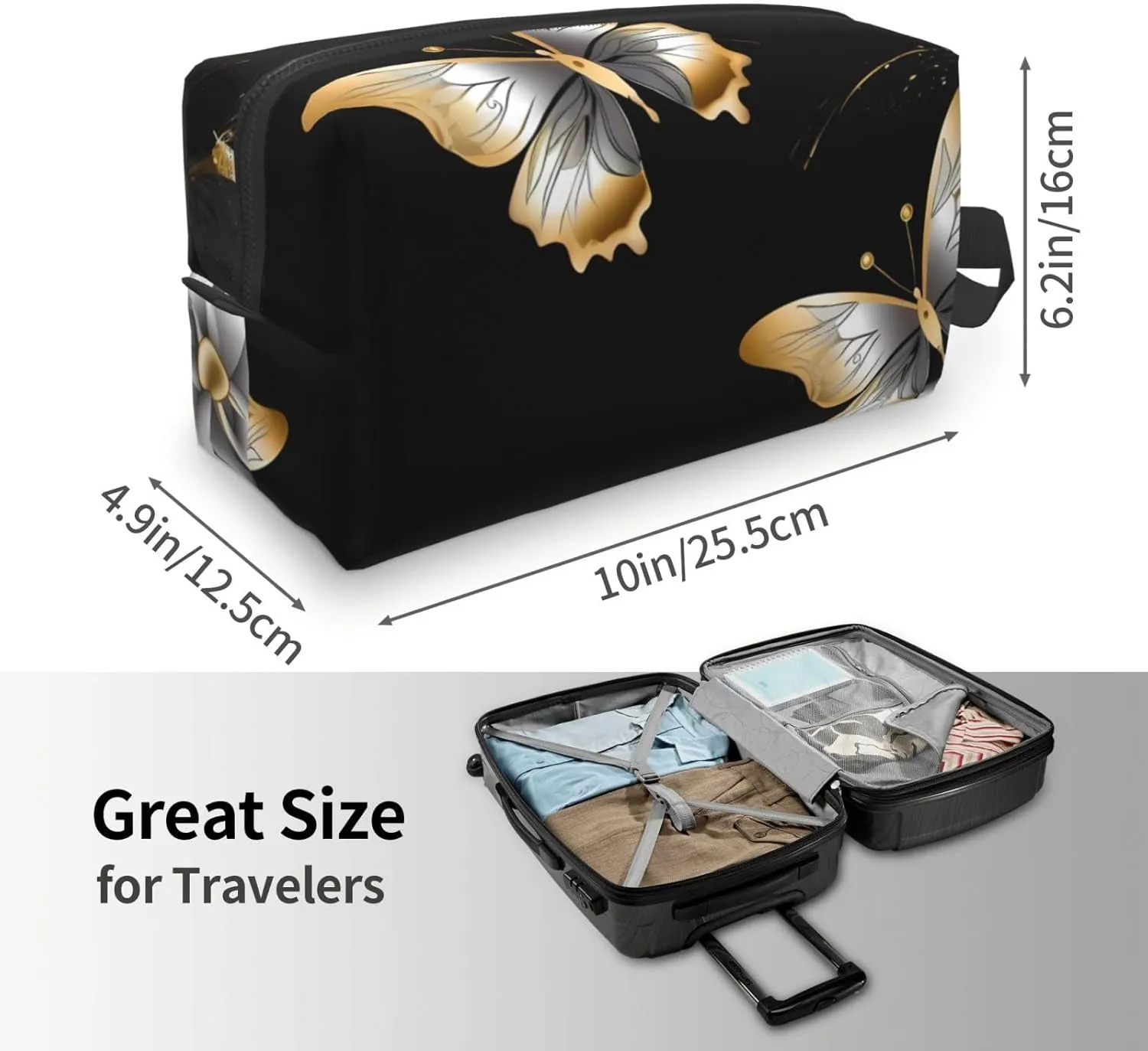 Toiletry Bag for Women Men Dopp Kit Travel Makeup Bag Make Up Organizers Cosmetic Bag Gold White Butterflies Black Hanging Toiletry Bag Shaving Bag with Large Capacity for Travel
