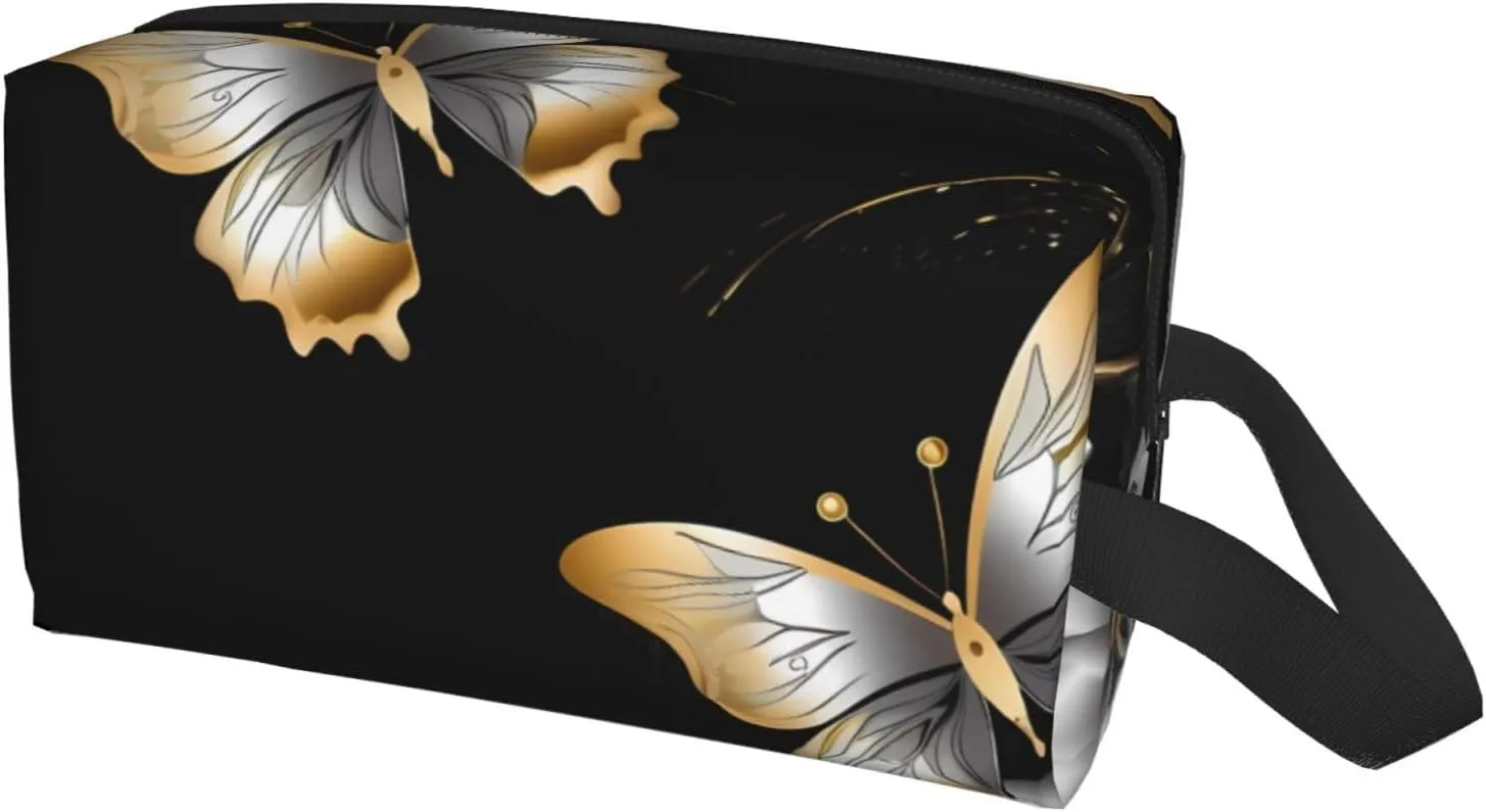 Toiletry Bag for Women Men Dopp Kit Travel Makeup Bag Make Up Organizers Cosmetic Bag Gold White Butterflies Black Hanging Toiletry Bag Shaving Bag with Large Capacity for Travel