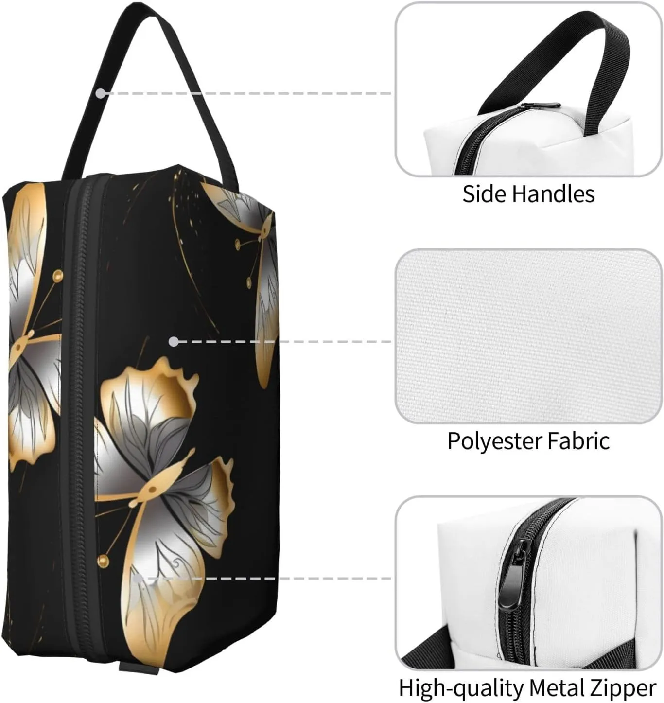 Toiletry Bag for Women Men Dopp Kit Travel Makeup Bag Make Up Organizers Cosmetic Bag Gold White Butterflies Black Hanging Toiletry Bag Shaving Bag with Large Capacity for Travel