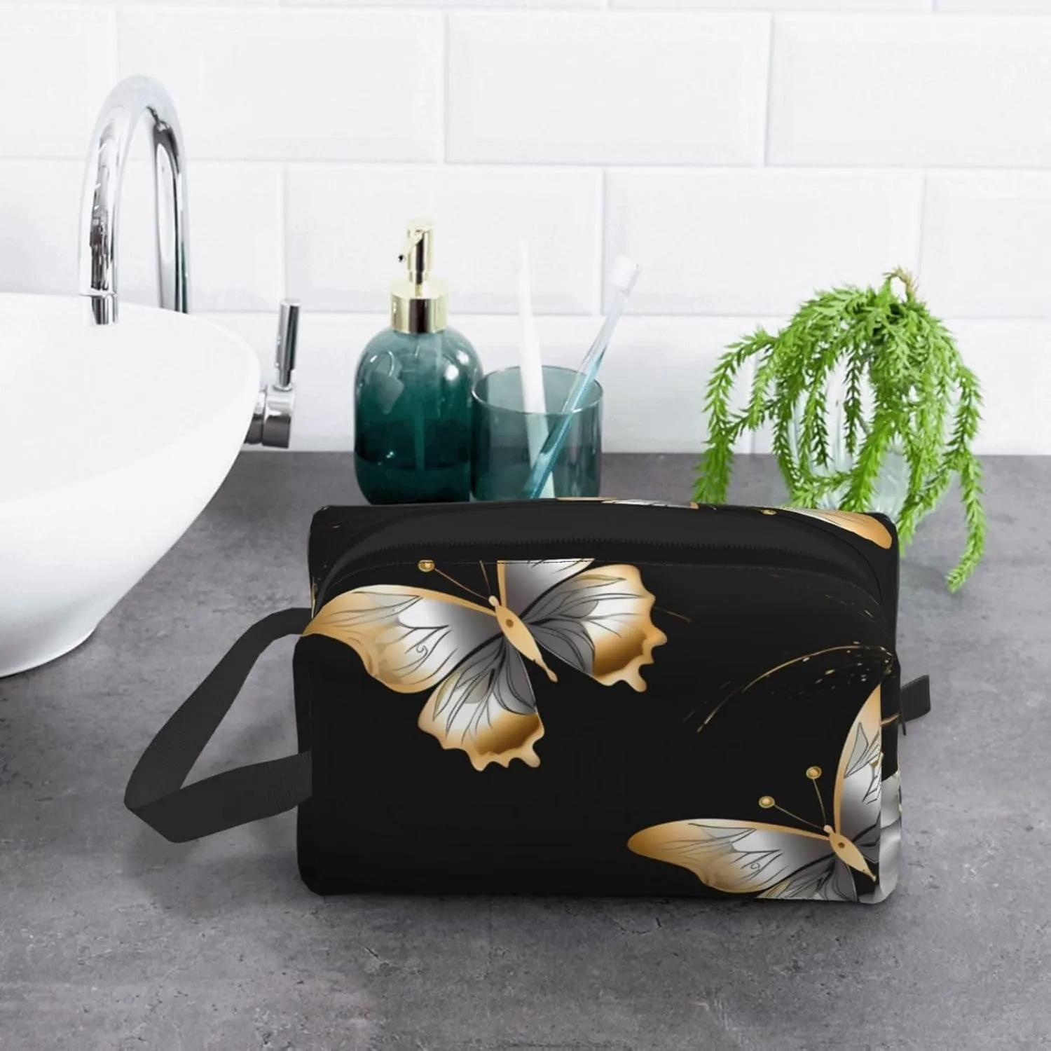 Toiletry Bag for Women Men Dopp Kit Travel Makeup Bag Make Up Organizers Cosmetic Bag Gold White Butterflies Black Hanging Toiletry Bag Shaving Bag with Large Capacity for Travel