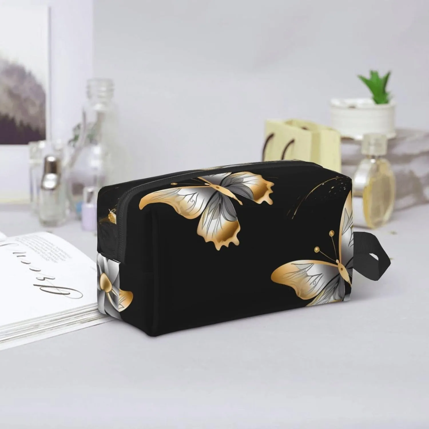 Toiletry Bag for Women Men Dopp Kit Travel Makeup Bag Make Up Organizers Cosmetic Bag Gold White Butterflies Black Hanging Toiletry Bag Shaving Bag with Large Capacity for Travel
