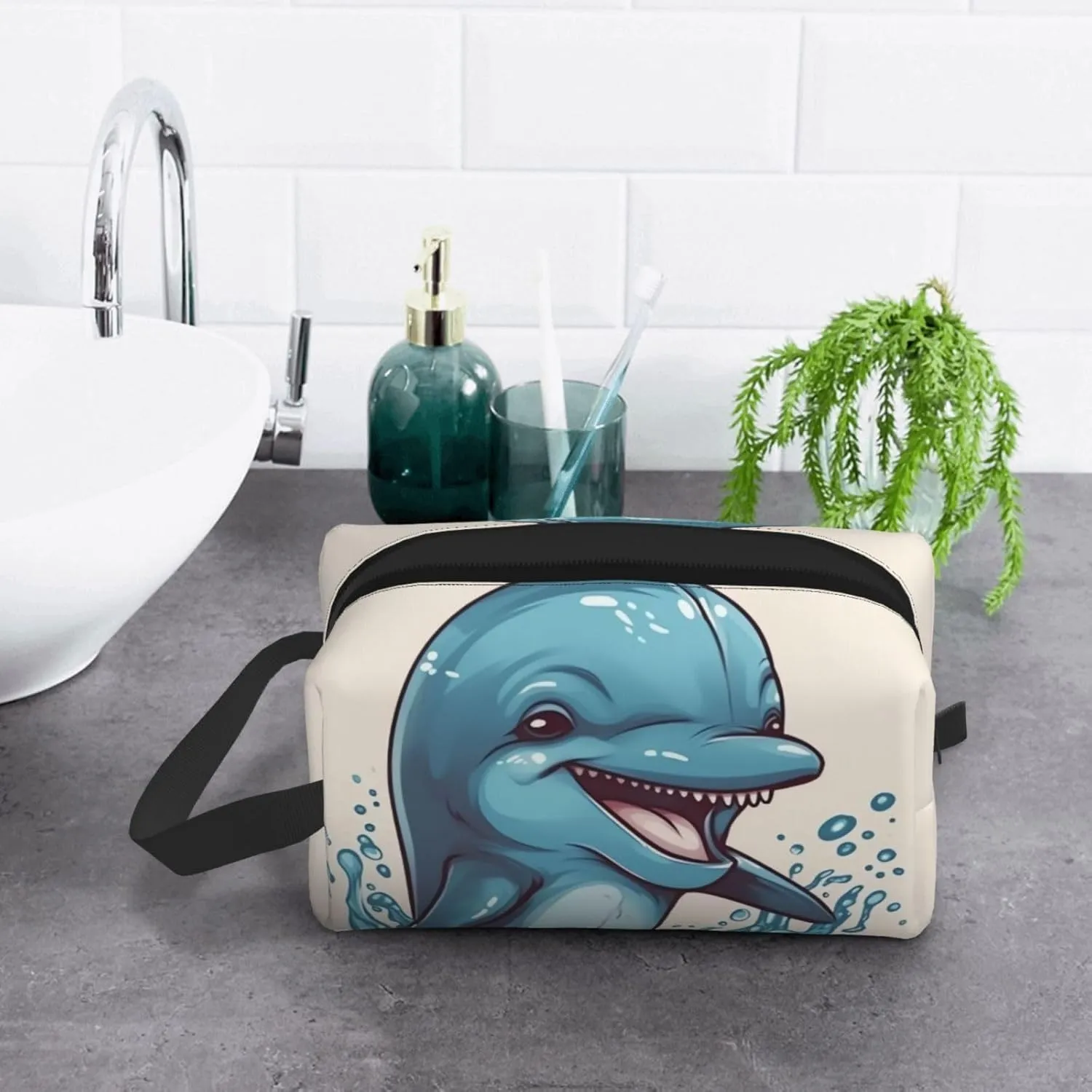 Toiletry Bag for Women Men Dopp Kit Travel Makeup Bag Make Up Organizers Cosmetic Bag Happy Dolphin Cartoon Hanging Toiletry Bag Shaving Bag with Large Capacity for Travel
