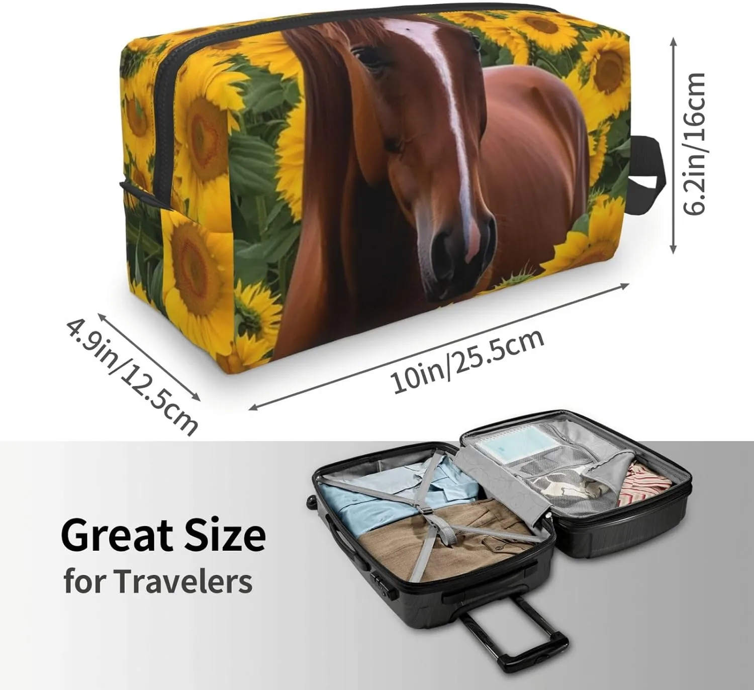Toiletry Bag for Women Men Dopp Kit Travel Makeup Bag Make Up Organizers Cosmetic Bag Horse and Sunflower Hanging Toiletry Bag Shaving Bag with Large Capacity for Travel
