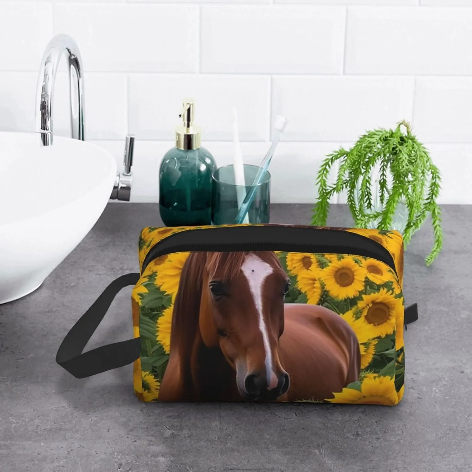 Toiletry Bag for Women Men Dopp Kit Travel Makeup Bag Make Up Organizers Cosmetic Bag Horse and Sunflower Hanging Toiletry Bag Shaving Bag with Large Capacity for Travel