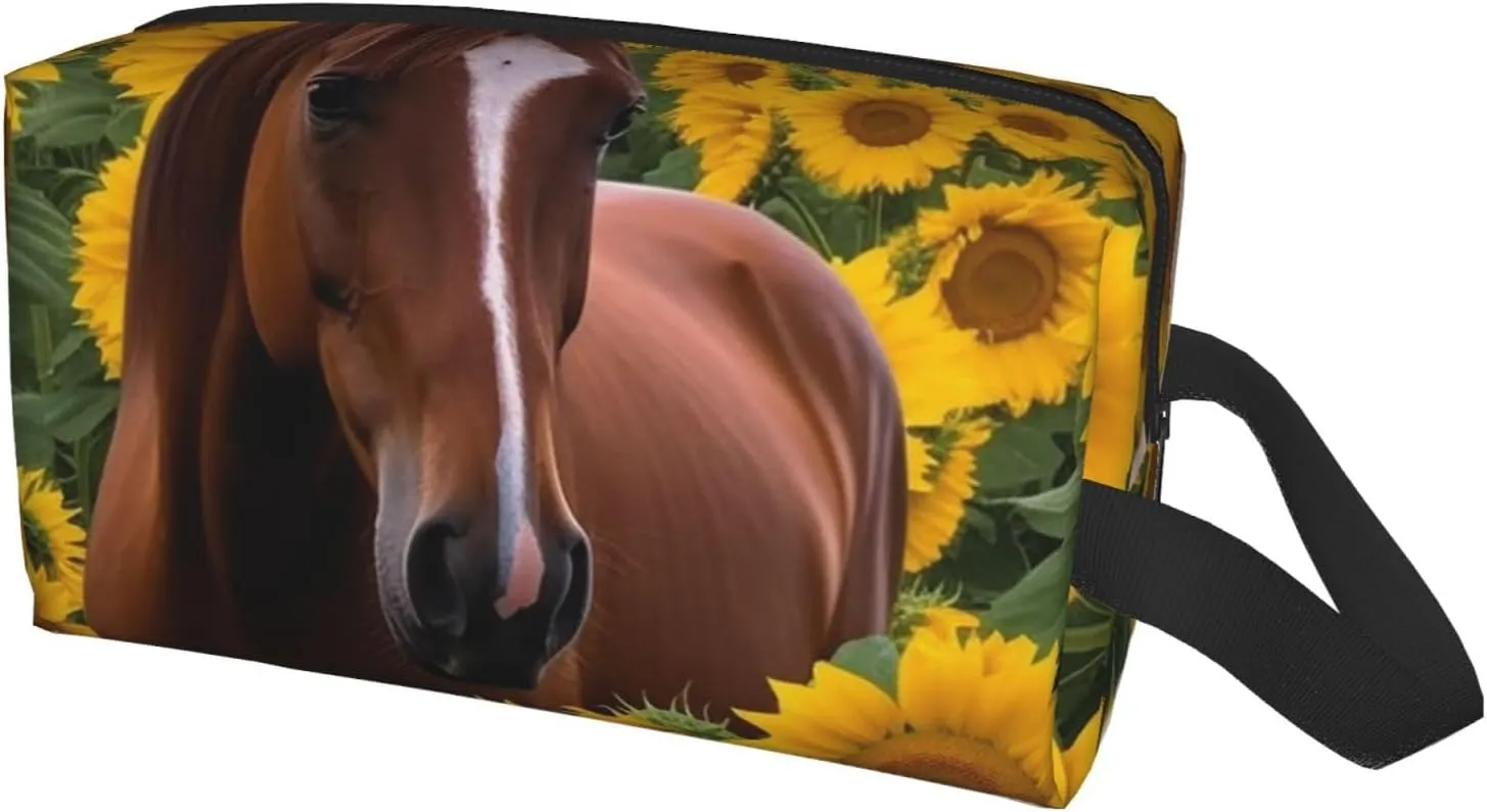 Toiletry Bag for Women Men Dopp Kit Travel Makeup Bag Make Up Organizers Cosmetic Bag Horse and Sunflower Hanging Toiletry Bag Shaving Bag with Large Capacity for Travel
