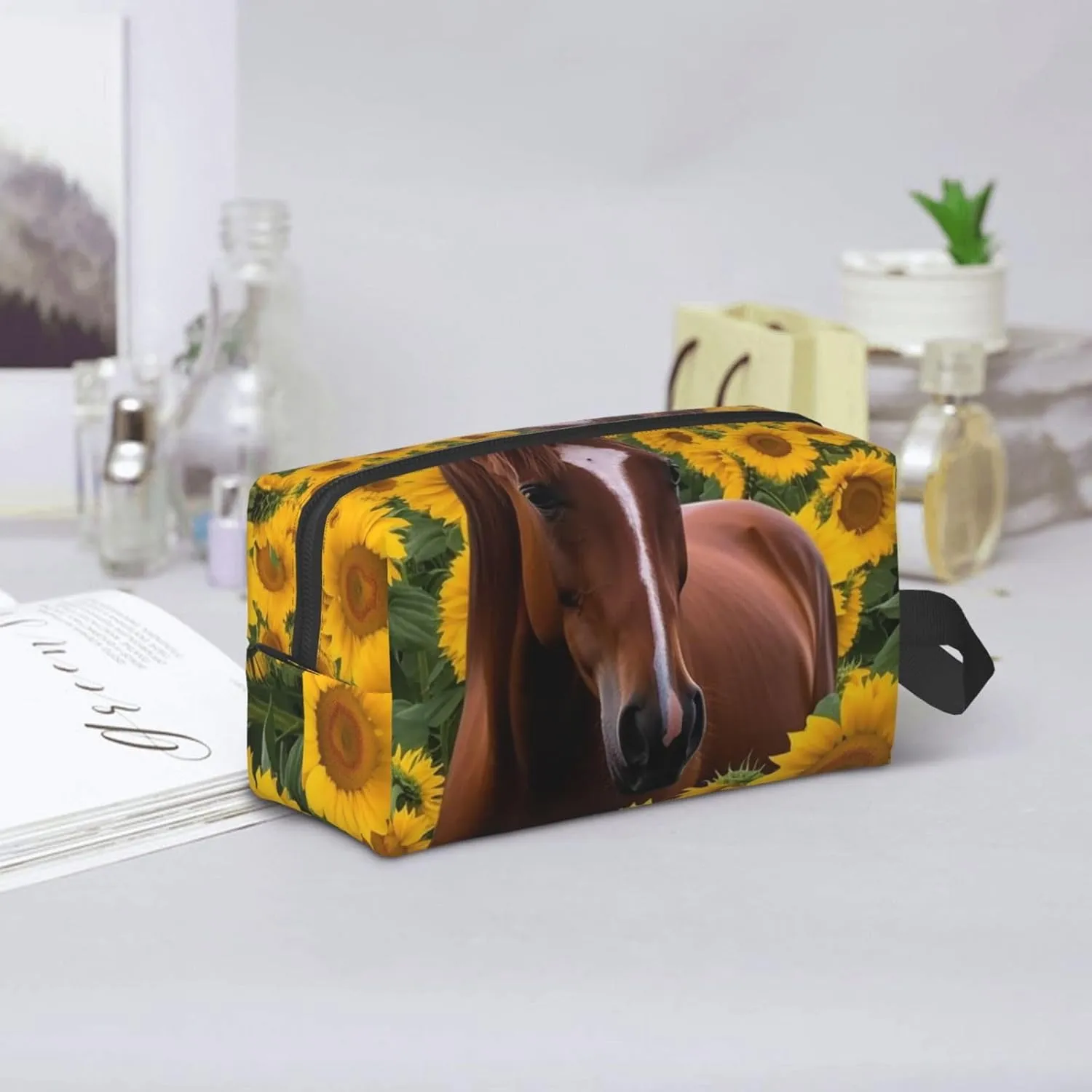 Toiletry Bag for Women Men Dopp Kit Travel Makeup Bag Make Up Organizers Cosmetic Bag Horse and Sunflower Hanging Toiletry Bag Shaving Bag with Large Capacity for Travel