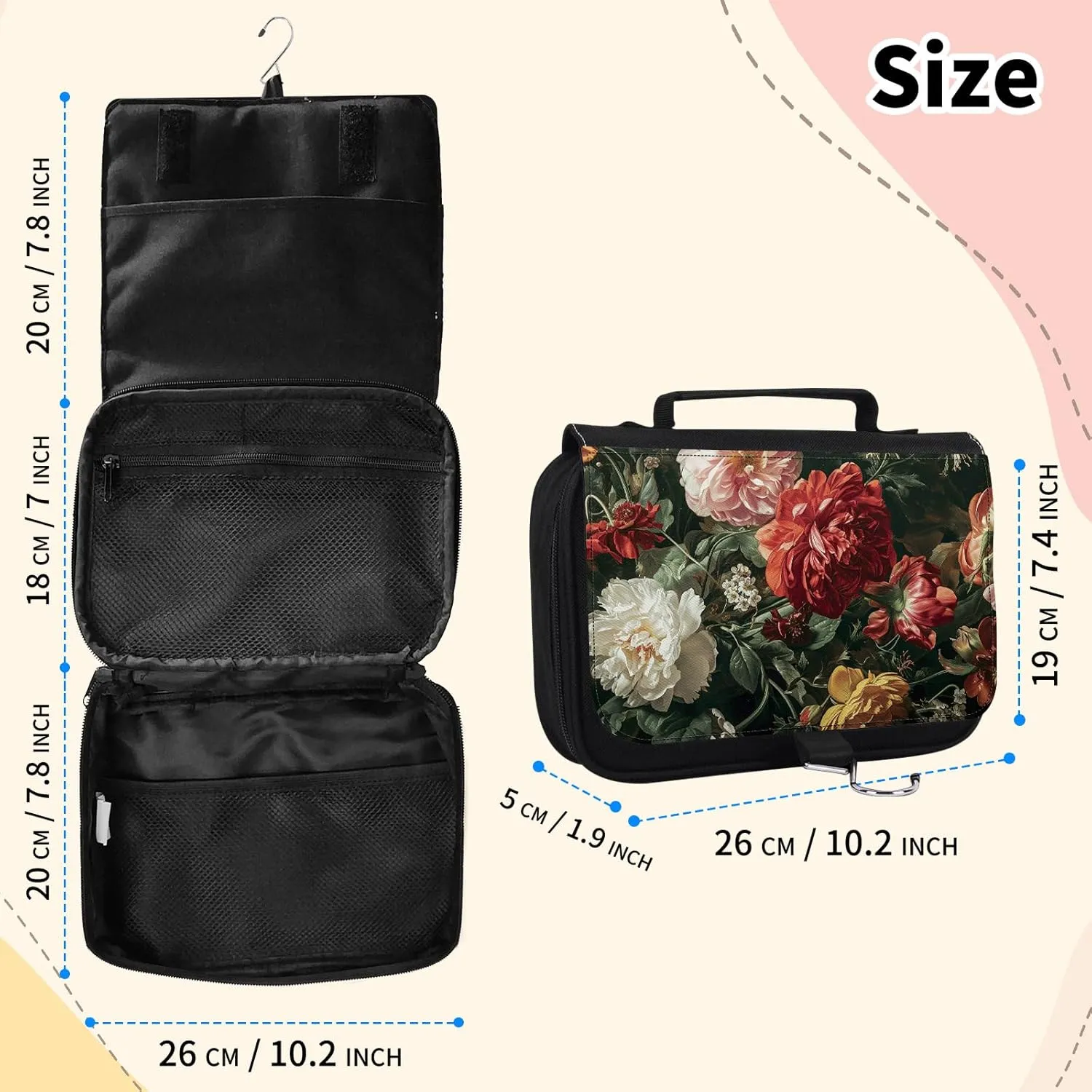 Toiletry Bag, Hanging Travel Bag for Toiletries, Makeup Cosmetic Bag Organizer, Carry-on Travel Accessories Essentials, Beautiful Flowers