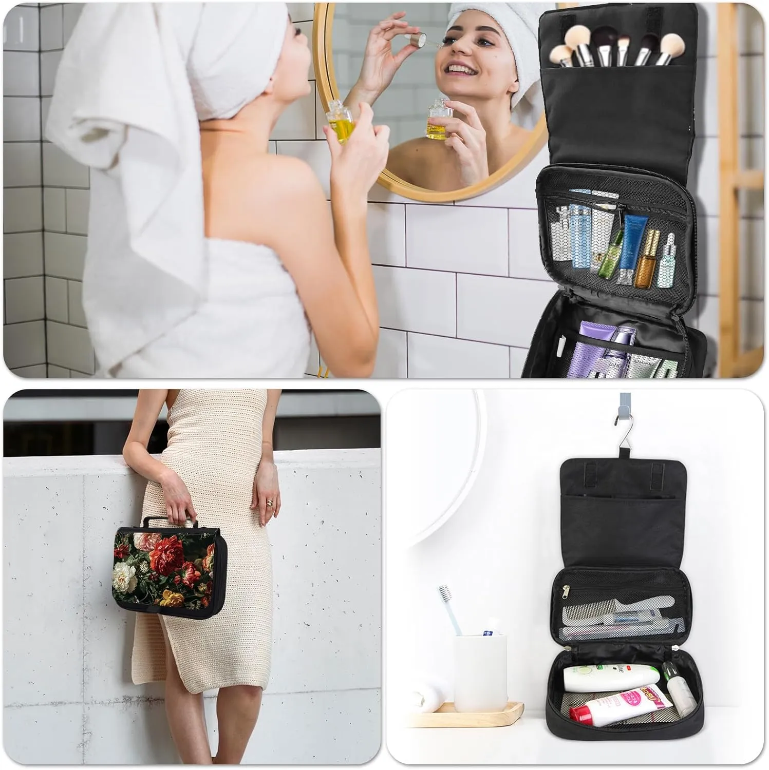 Toiletry Bag, Hanging Travel Bag for Toiletries, Makeup Cosmetic Bag Organizer, Carry-on Travel Accessories Essentials, Beautiful Flowers