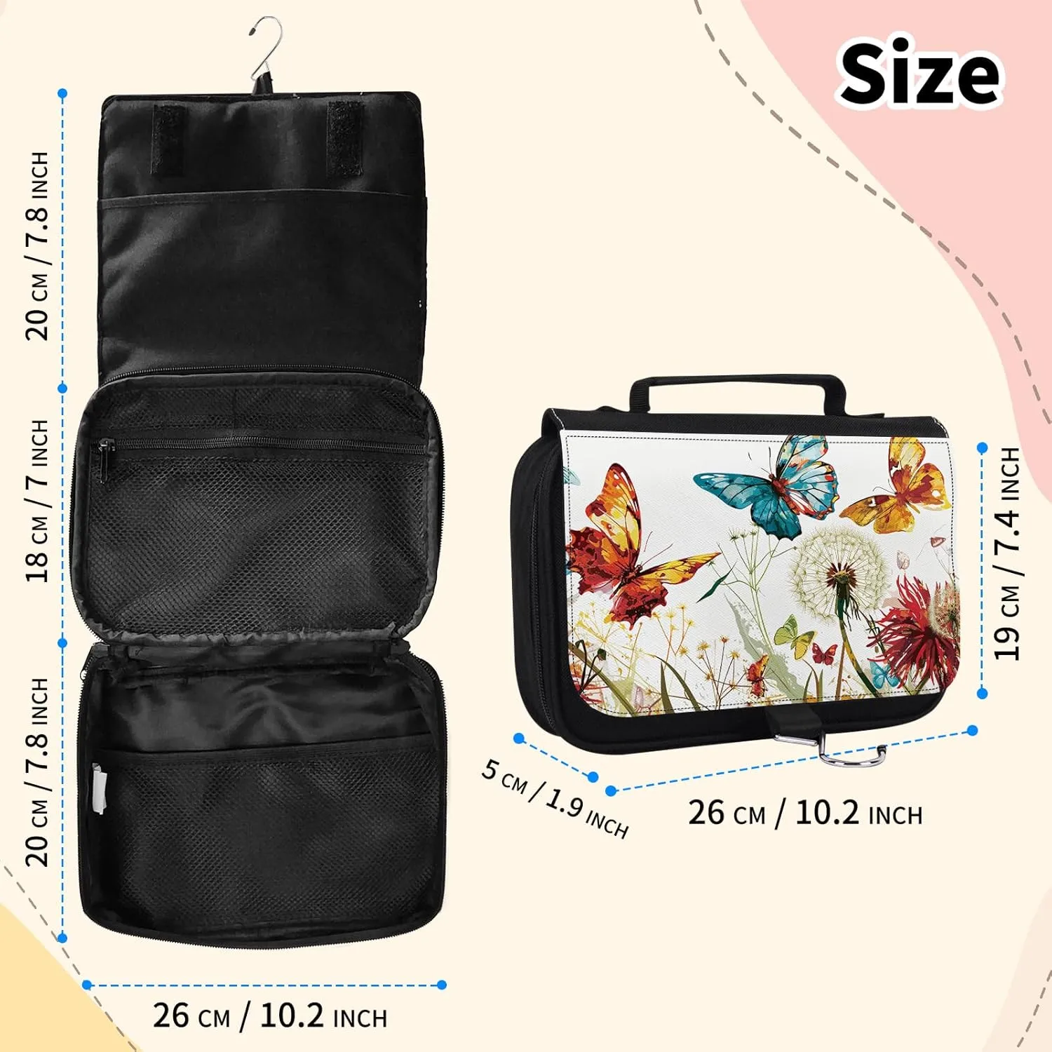 Toiletry Bag, Hanging Travel Bag for Toiletries, Makeup Cosmetic Bag Organizer, Carry-on Travel Accessories Essentials, Butterfly Dandelion