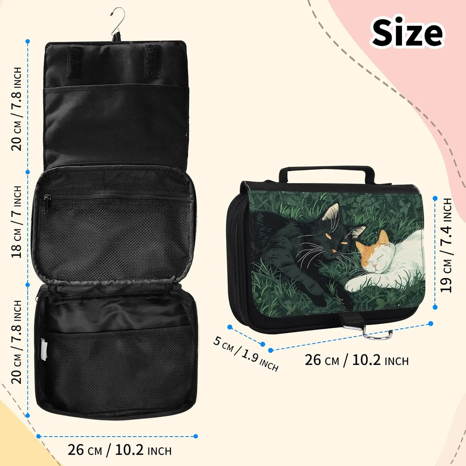 Toiletry Bag, Hanging Travel Bag for Toiletries, Makeup Cosmetic Bag Organizer, Carry-on Travel Accessories Essentials, Grassy Cats