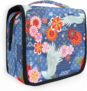 Toiletry Bag Travel Bag with Hanging Hook,Japanese Floral Cranes Water-resistant Makeup Cosmetic Bag Travel Organizer for Accessories Shampoo Toiletries Trips Camping Bathroom