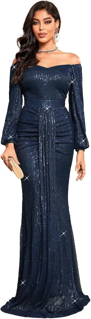 TOLEEN Women's Formal Sequin Bodycon Long Sleeve Prom Dresses Elegant Evening Party Maxi Dresses