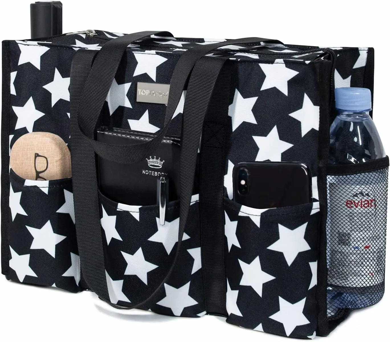 TOPDesign Utility Water Resistant Tote Bag with 13 Pockets, Top Zipper Closure & Thick Bottom Support, for Working Women