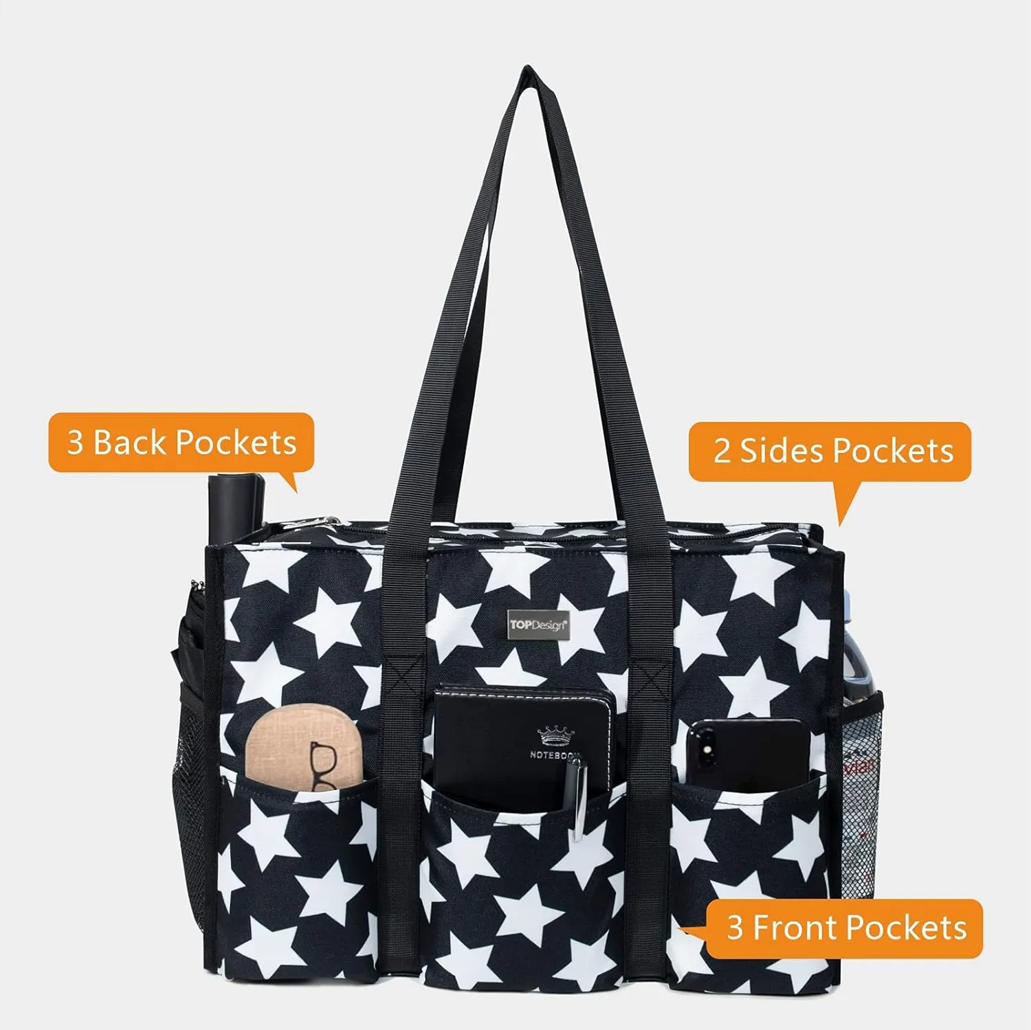 TOPDesign Utility Water Resistant Tote Bag with 13 Pockets, Top Zipper Closure & Thick Bottom Support, for Working Women