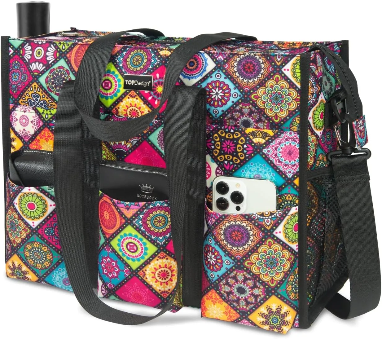 TOPDesign Utility Water Resistant Tote Bag with 22 Pockets, Top Zipper Closure & Thick Bottom Support, for Working Women